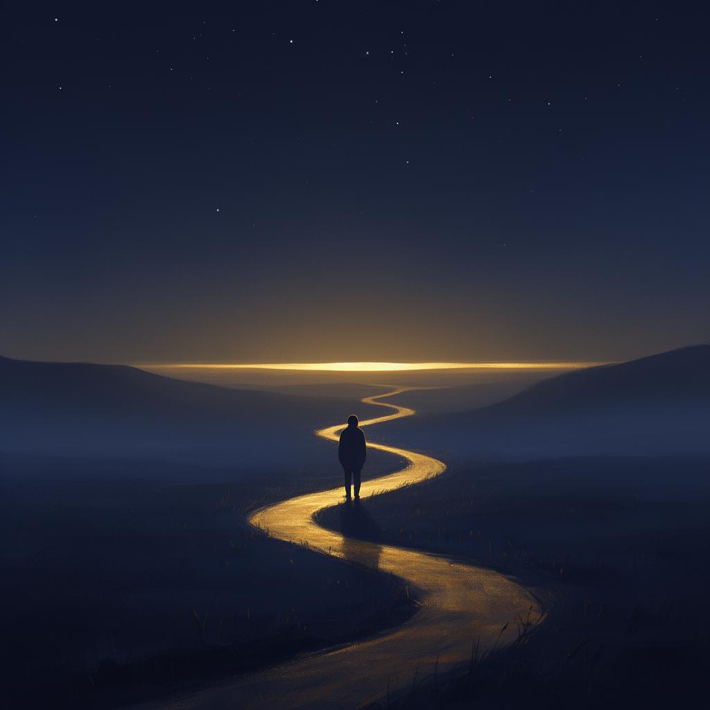 A figure walking along a glowing path into the horizon
